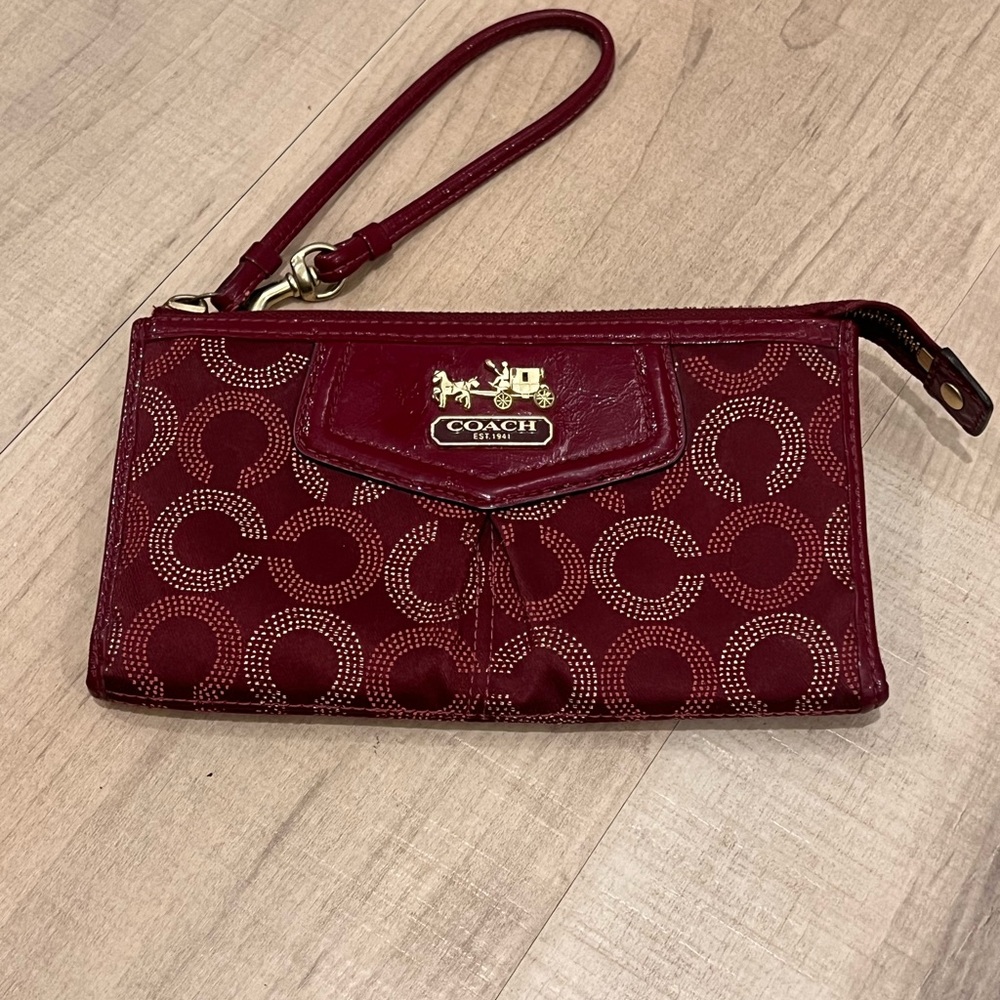 Coach Maroon Signature Wristlet with Gold Details